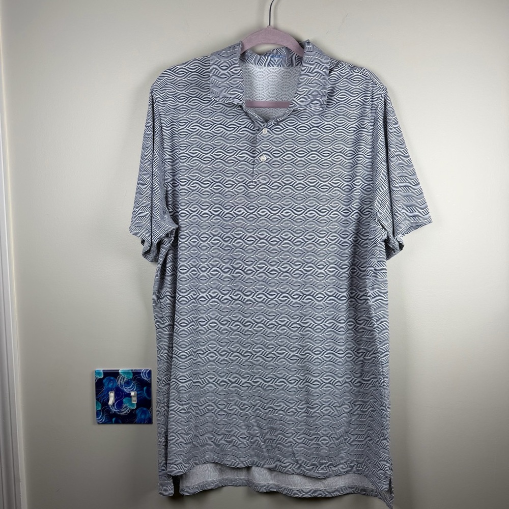 B. DRADDY Men’s Blue White Wave Polo Shirt Golf Cool Fabric UPF 50 Size XL